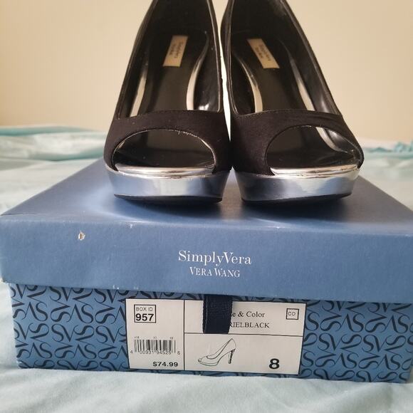 Simply Vera Wang Black Crystal 4 Inch Peep Toe Heels SZ 8 - Picture 7 of 8
